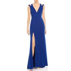 Halston Heritage royal blue dress with slit in front.